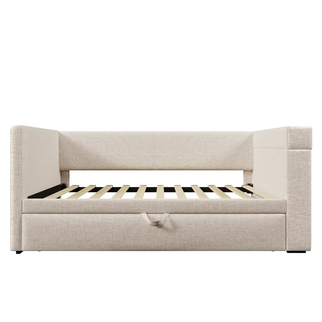 Divano letto estraibile 90x190 cm con USB e Type-C; portabicchieri; beige