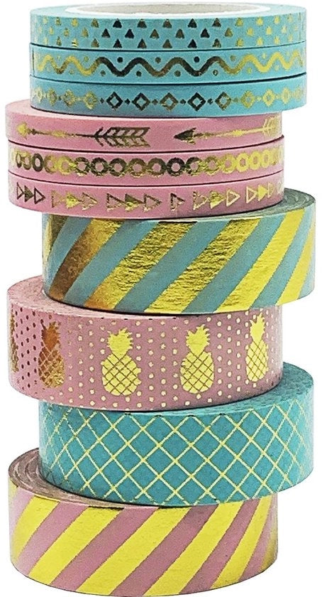 Set di Nastro Adesivo Decorativo - 10 Rulli - 10 Modelli - Nastro Adesivo Decorativo - Autoadesivo - 10 Metri di Lunghezza - Per Scrapbooking - Nastro Adesivo Decorativo