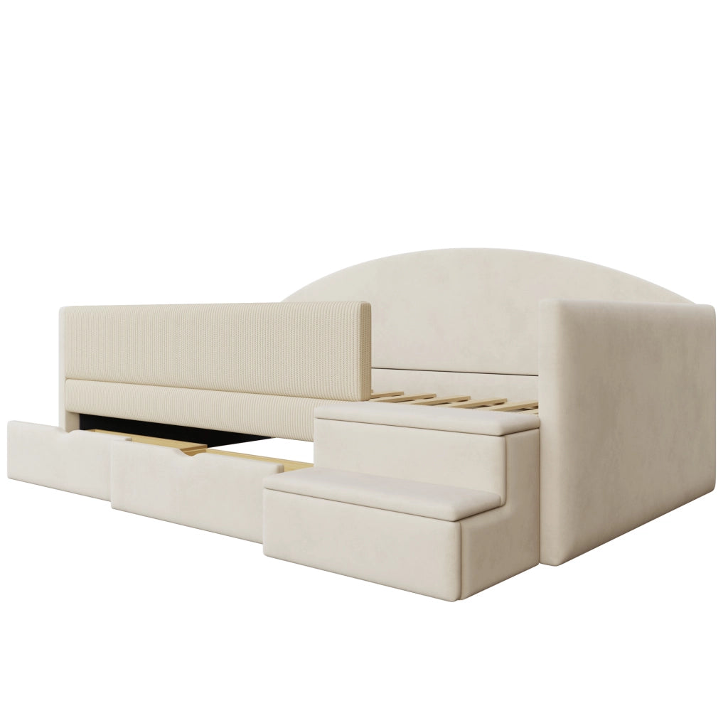Letto per bambini 90 × 190 cm con 2 cassetti, sponde di sicurezza et scalini, senza materasso, beige