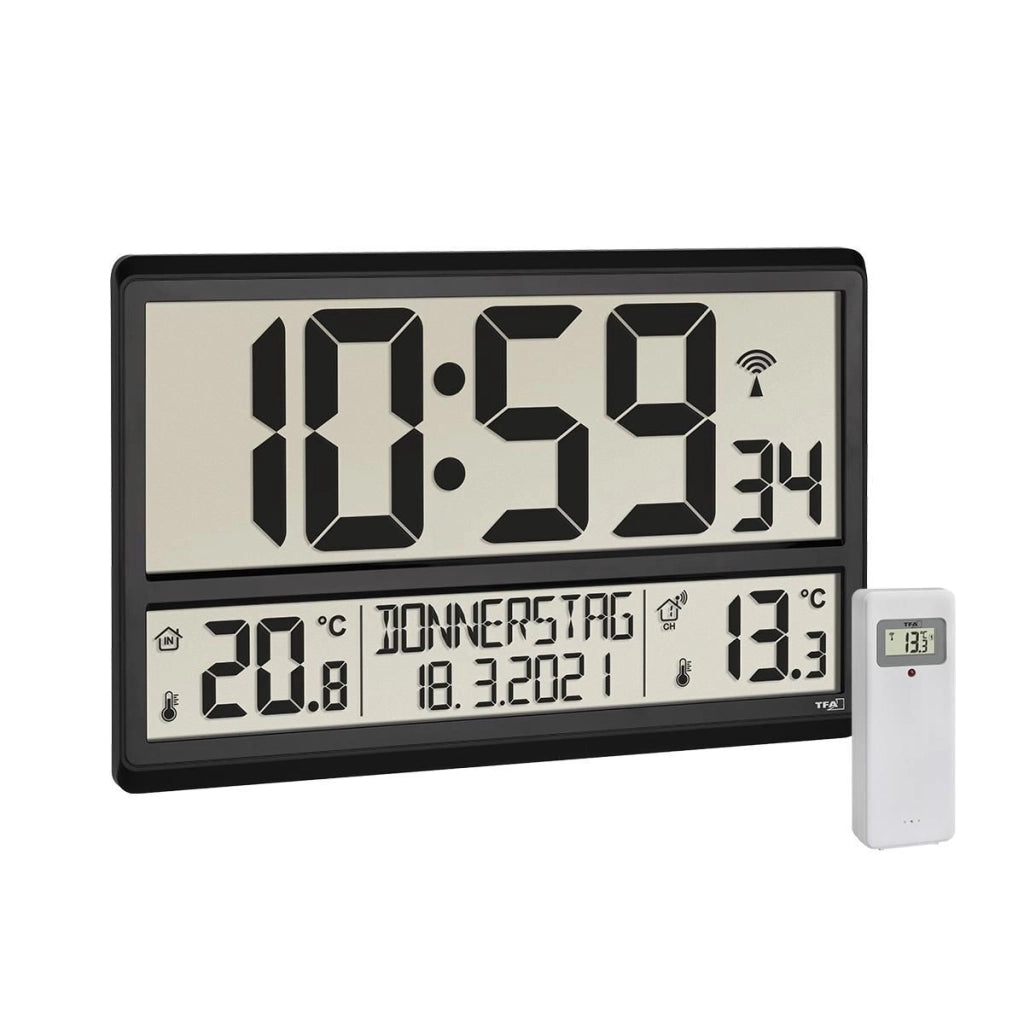 TFA 60.4521.01 Orologio da Parete Radiocontrollato con Display XL Temperatura Interna e Esterna Giorno della Settimana in 8 Lingue colore Nero