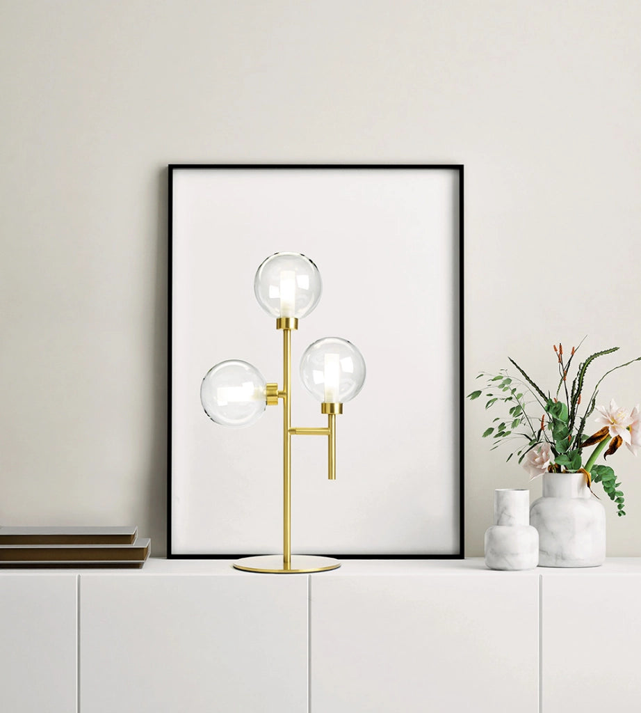 DOM LAMPADA DA TAVOLO 3 LUCI VETRO TRASPARENTE CICLINDRO SATINATO MONTATURA ORO ATTACCO G9 CON DIMMER