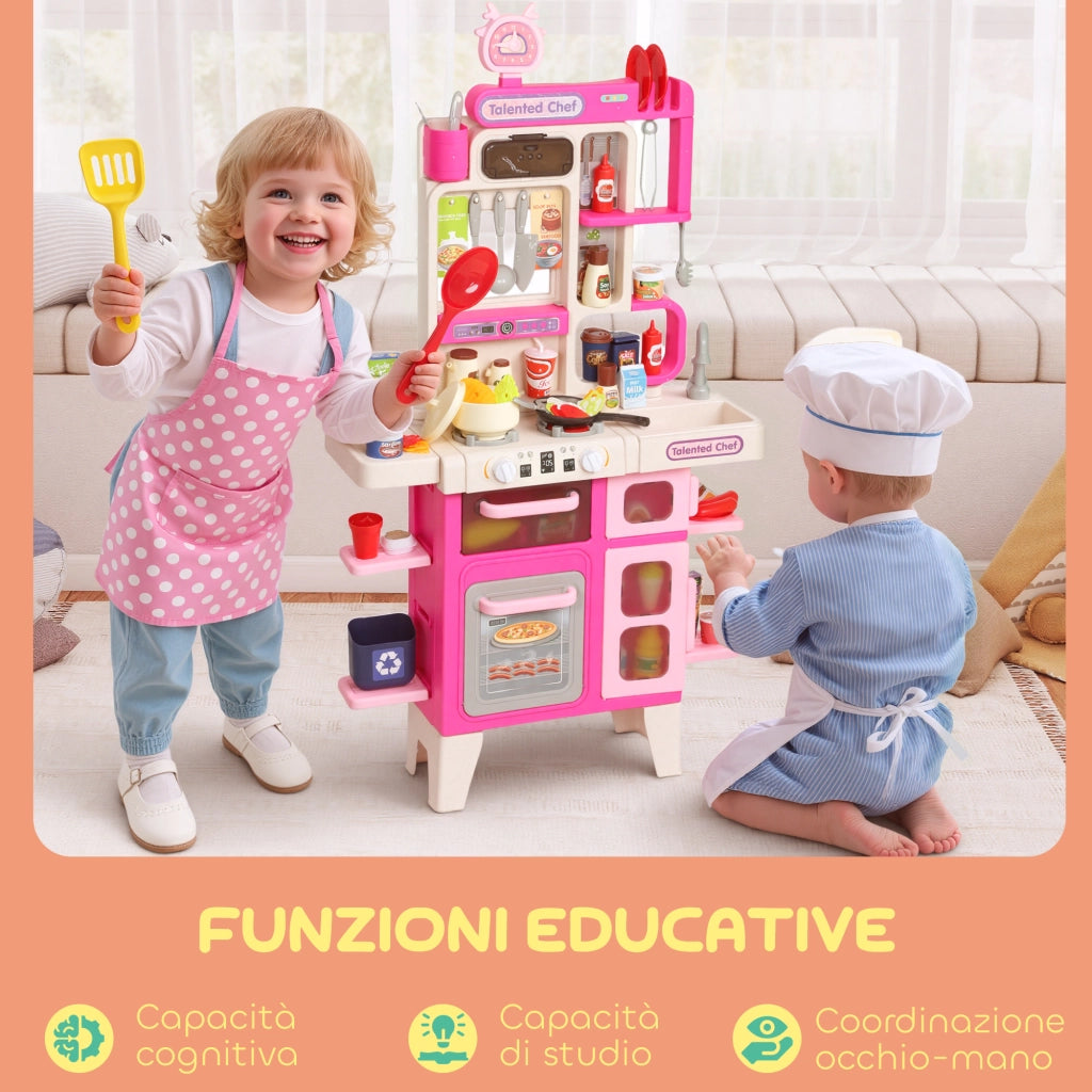 Cucina Giocattolo per Bambini 3-6 Anni con 104 Accessori, in PP, PE e ABS, 52.5x22x100 cm, Rosa