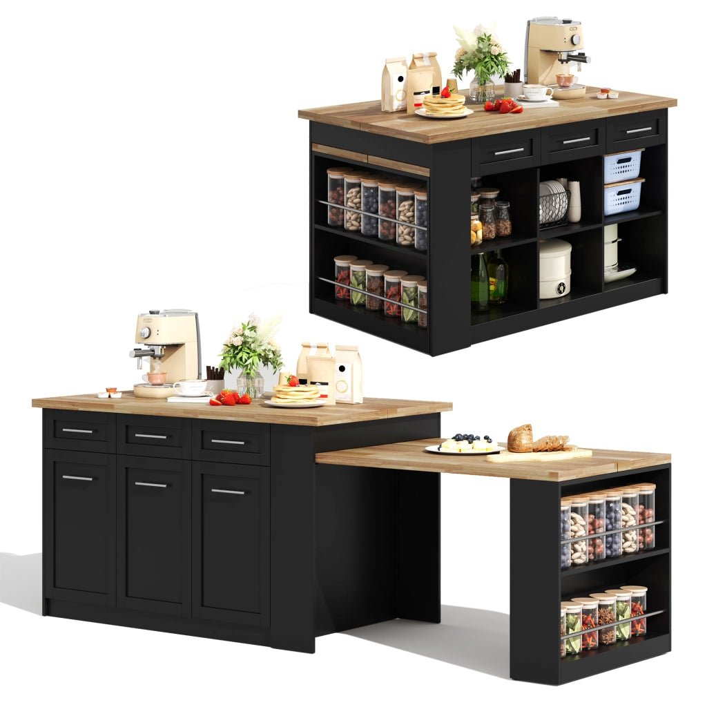 Isola da Cucina 150/246x90x90 cm Nera e Legno Naturale con Tavolo Estraibile 96 cm; 6 Cassetti e Ripiani