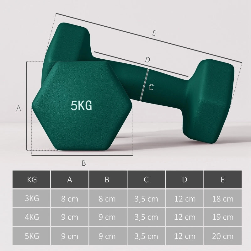 Set di 6 manubri: 2 x 3 kg, 2 x 4 kg, 2 x 5 kg, set di manubri con supporto, set di manubri esagonali, per allenamento di forza, fitness a casa,