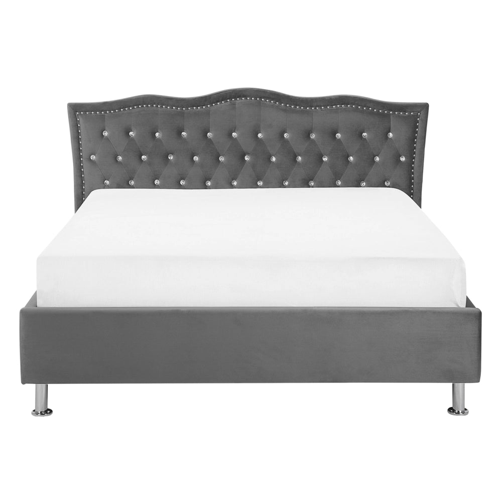 Letto matrimoniale 140 x 200 cm tessuto grigio scuro struttura imbottita finiture per la testa dei chiodi bottoni cristallo poggiatesta