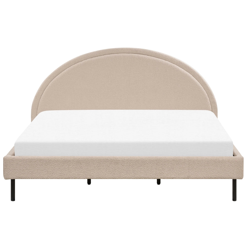 Letto matrimoniale in poliestere bouclè beige imbottito con base a doghe e testiera rotonda 180 x 200 cm minimalista retrò
