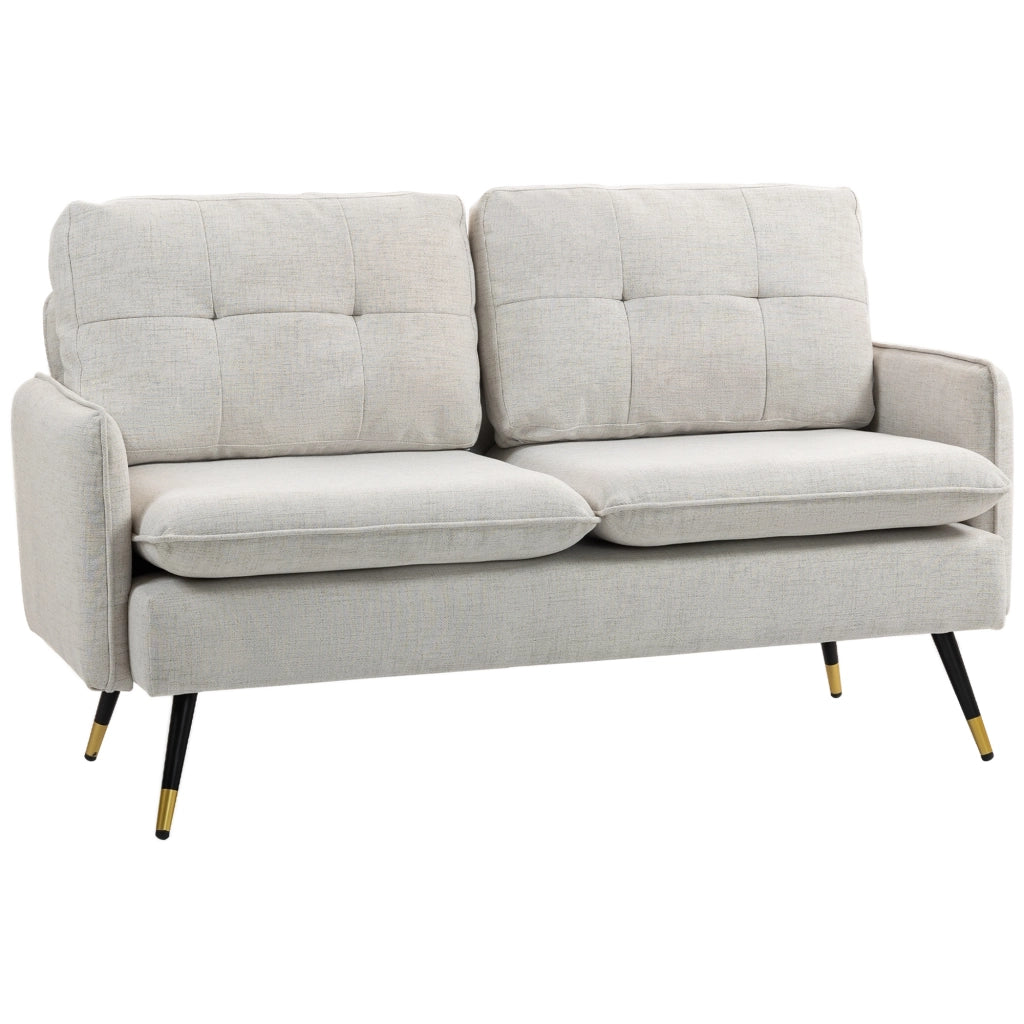 Divano 2 Posti in Tessuto Effetto Lino con Gambe in Acciaio e Cuscini Imbottiti. 139x68x80 cm. Bianco Crema