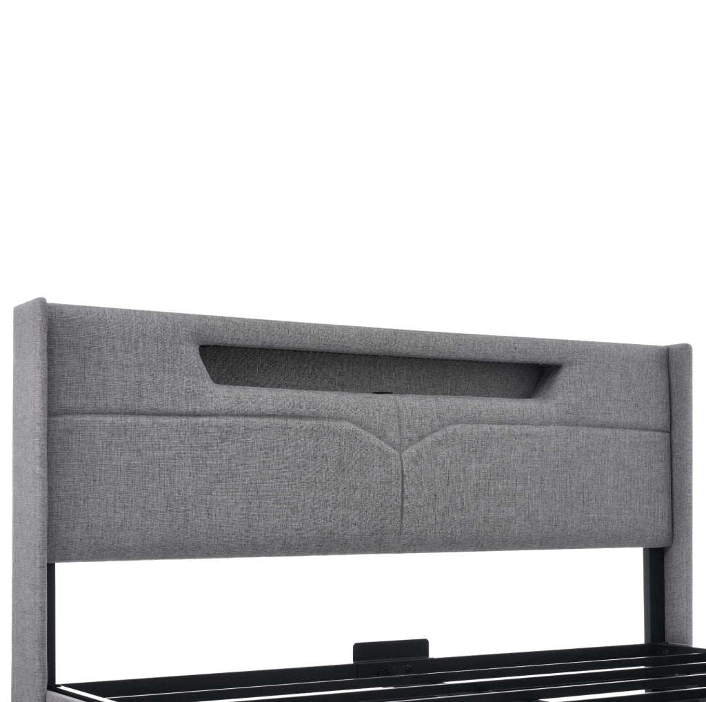 Letto contenitore imbottito ULEVR 140x200 cm con LED, USB e Type-C, rivestimento in lino grigio