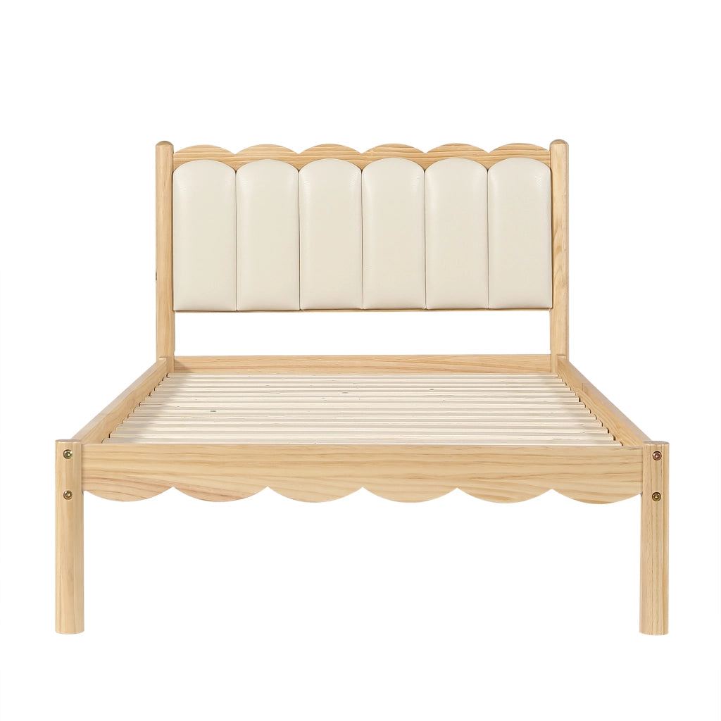 Letto per bambini 90x200 cm, testiera imbottita in PU, design ondulato, colore legno naturale e beige