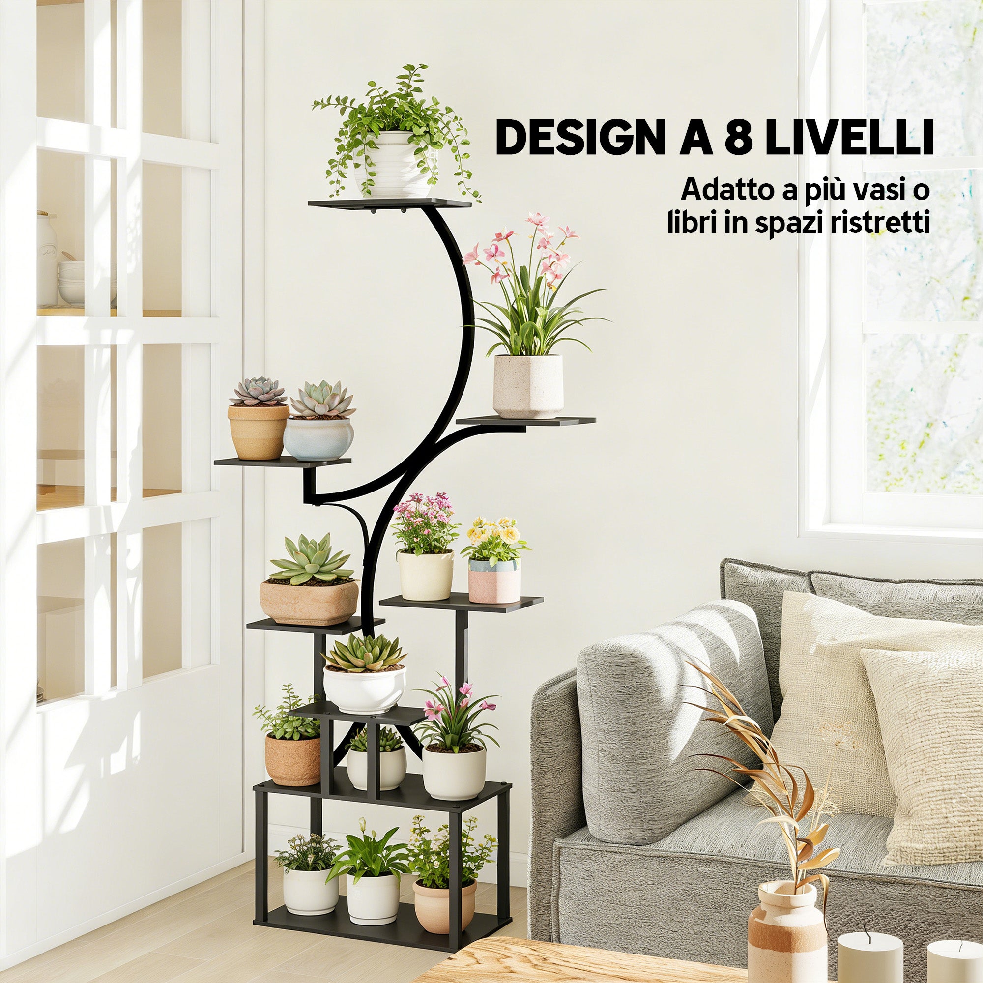 Portapiante a 8 Livelli 74x26x158,5 cm con Design a S per Interni ed Esterni in Metallo Nero