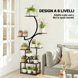 Portapiante a 8 Livelli 74x26x158,5 cm con Design a S per Interni ed Esterni in Metallo Nero