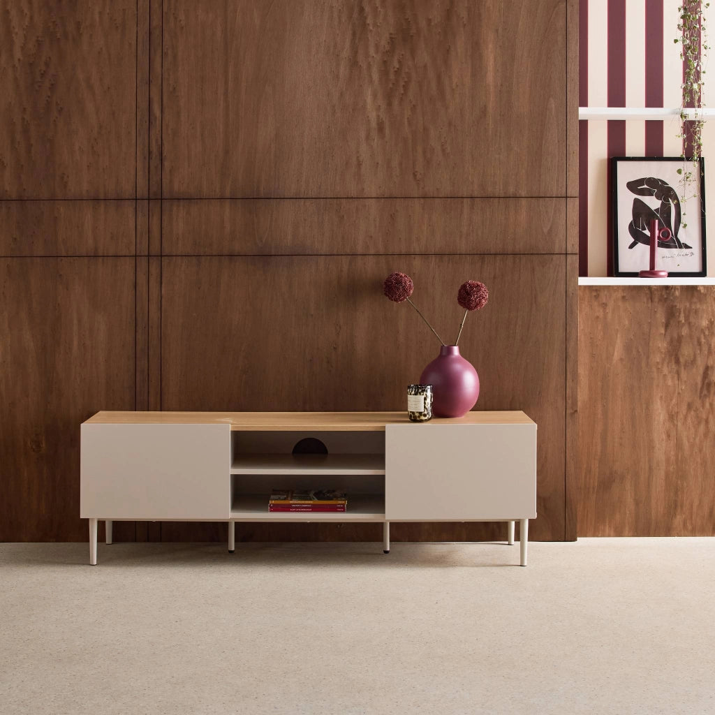 Mobile tv in metallo e decorazione in legno 2 ante, 140cm, beige