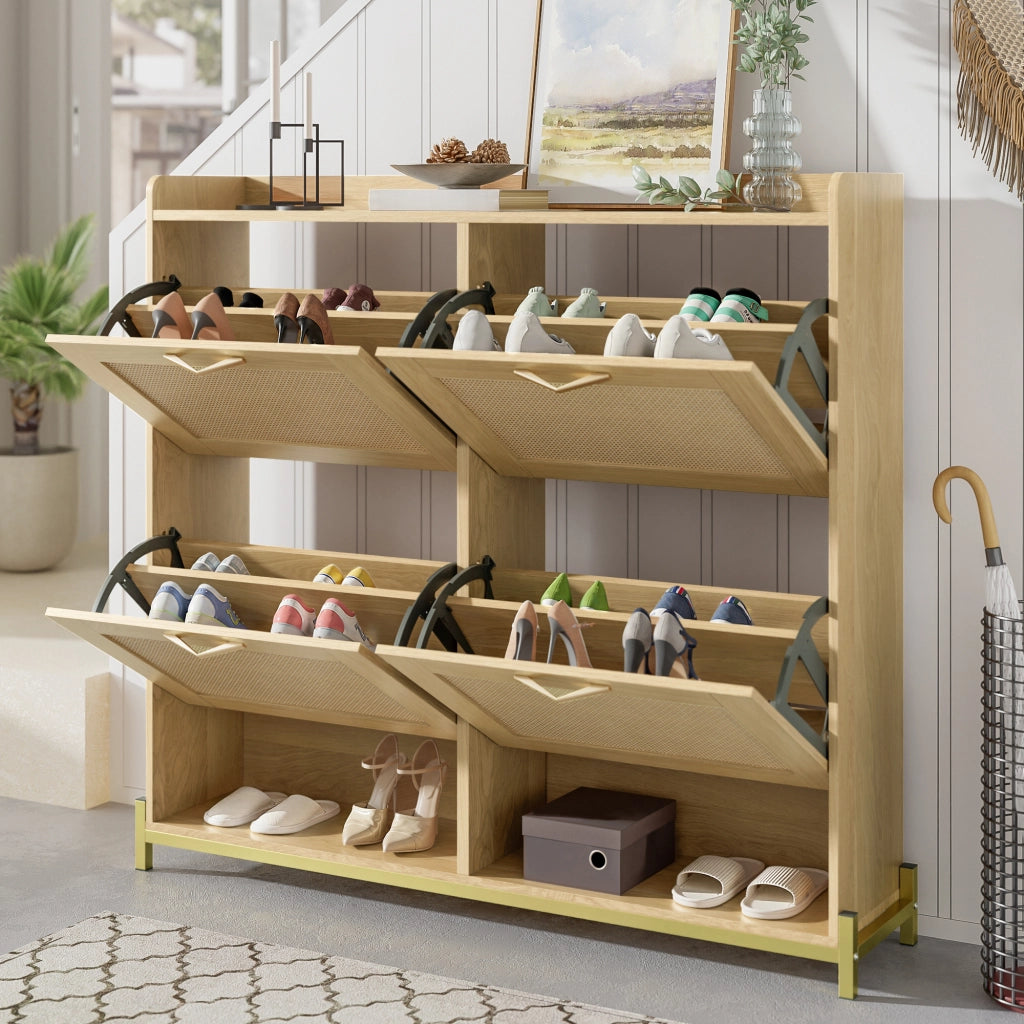 Scarpiera con 4 Ante e Ripiano Superiore; Salvaspazio; Stile Naturale; in MDF; 108;5×24×100 cm; Rovere Chiaro