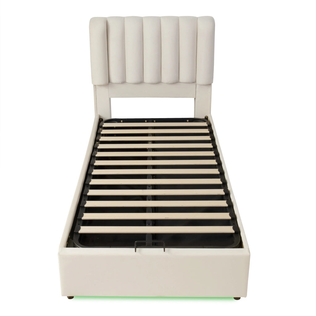 Letto per bambini contenitore 90 × 200 cm con 3 cassetti, LED, senza materasso, in velluto, beige