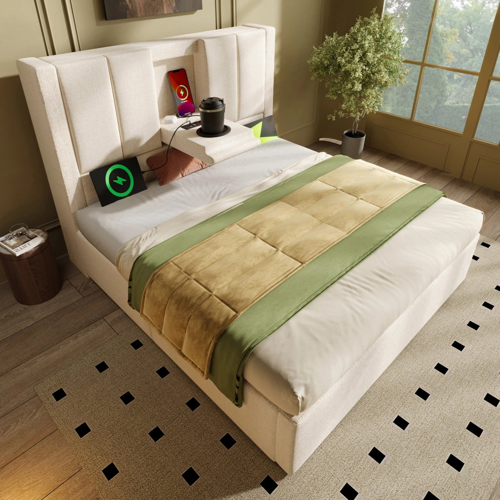 LETTO 90x200 cm in lino beige con materasso incluso, contenitore e stazione di ricarica