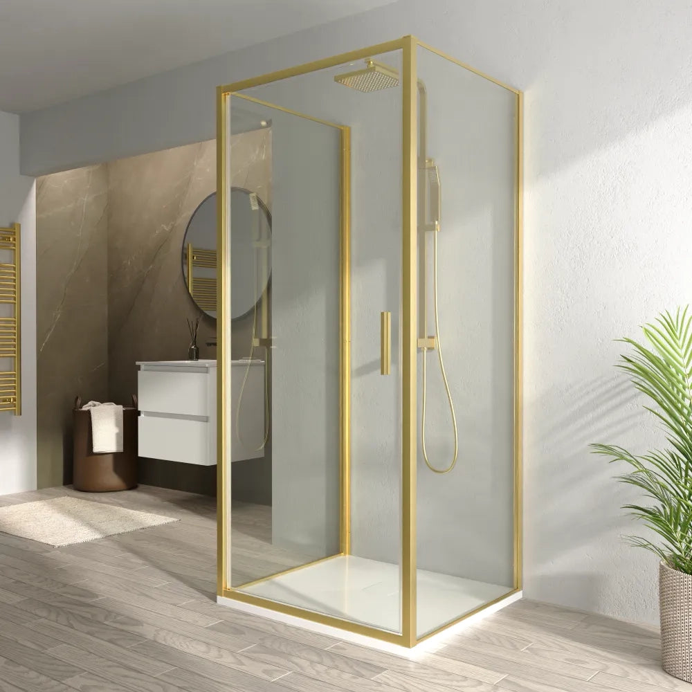 Box doccia 3 lati 80x100x80cm con porta a battente profili oro spazzolato vetro 6mm trasparente anticalcare h190| Portofino