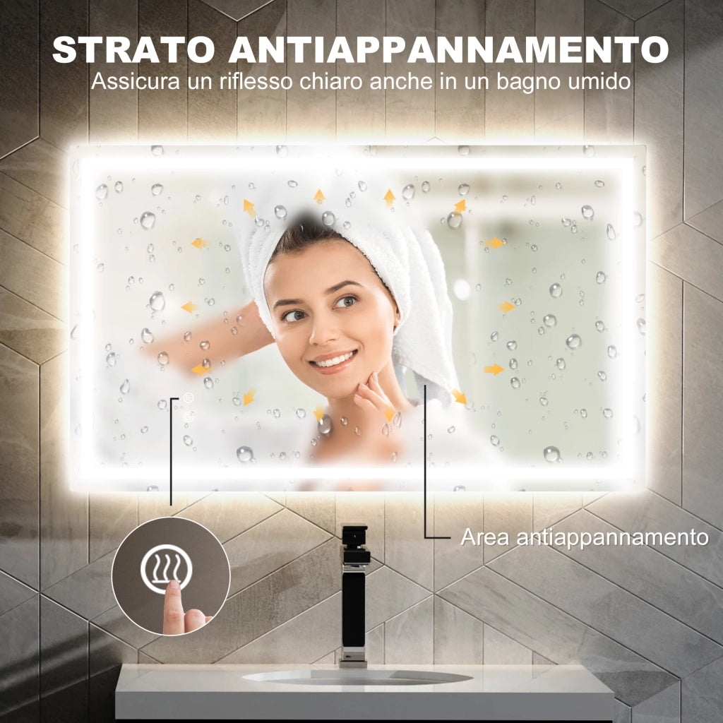 Specchio per Bagno con Luci LED Regolabili a 3 Colori e Strato Antiurto, in Vetro e Metallo, 100x3x60 cm
