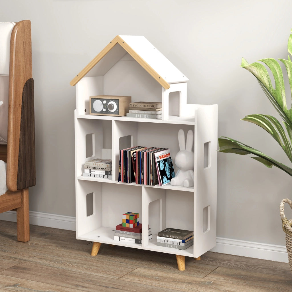 Libreria per Bambini 3-6 Anni a 3 Livelli per Libri e Giochi, in MDF e Legno di Pino, 65x25x108.5 cm, Bianco