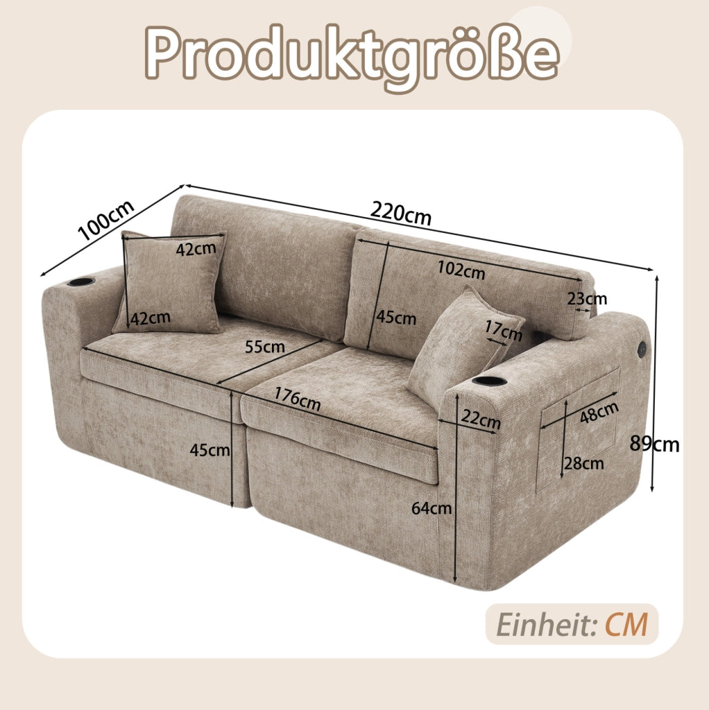 Divano 2 posti in chenille marrone con USB; tasche laterali e portabicchieri; 220x100x89 cm