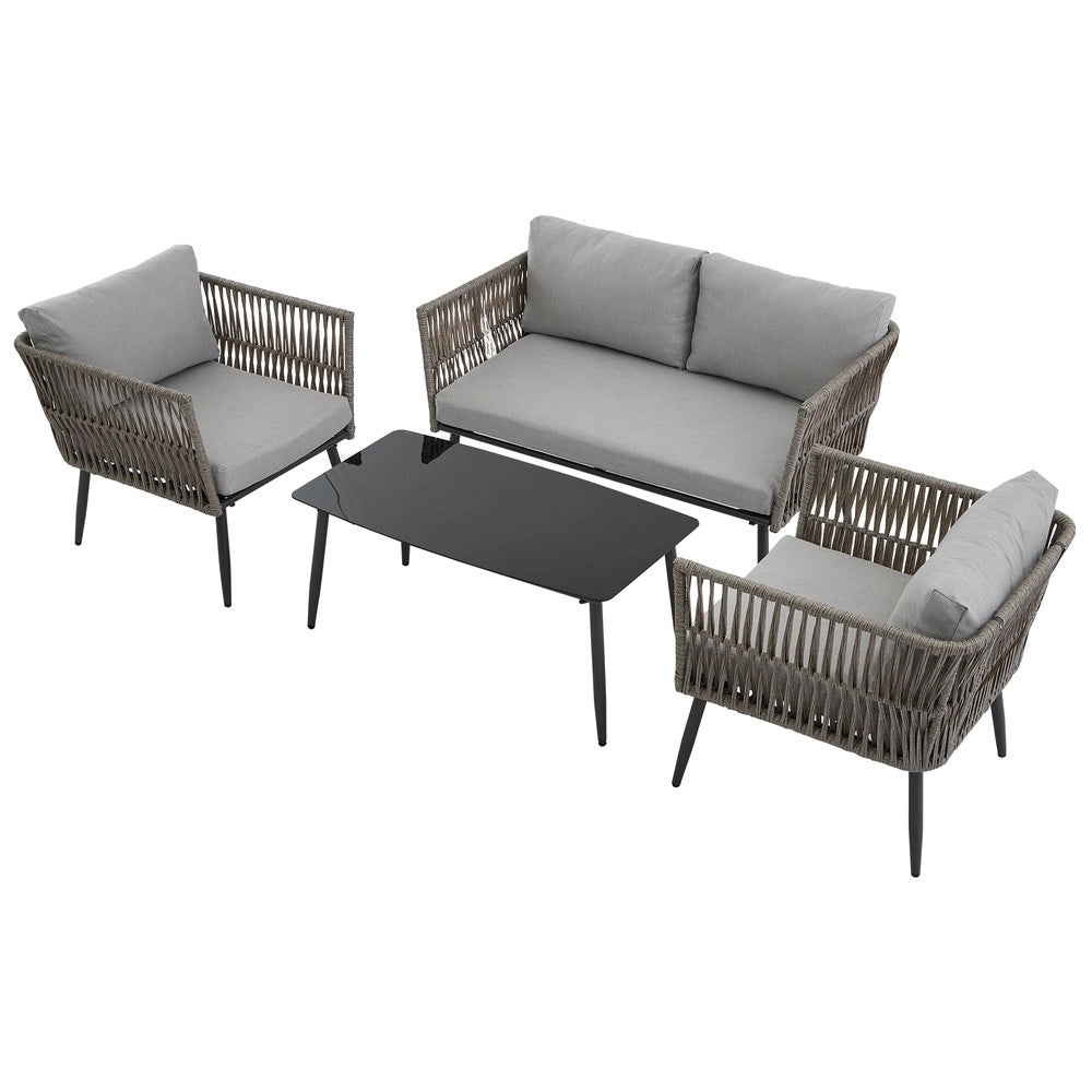 Set Salotto da Giardino con Divano 2 Posti, 2 Poltrone e Tavolino ¨C Xylo ¨C Polyrattan Grigio, Vetro Nero