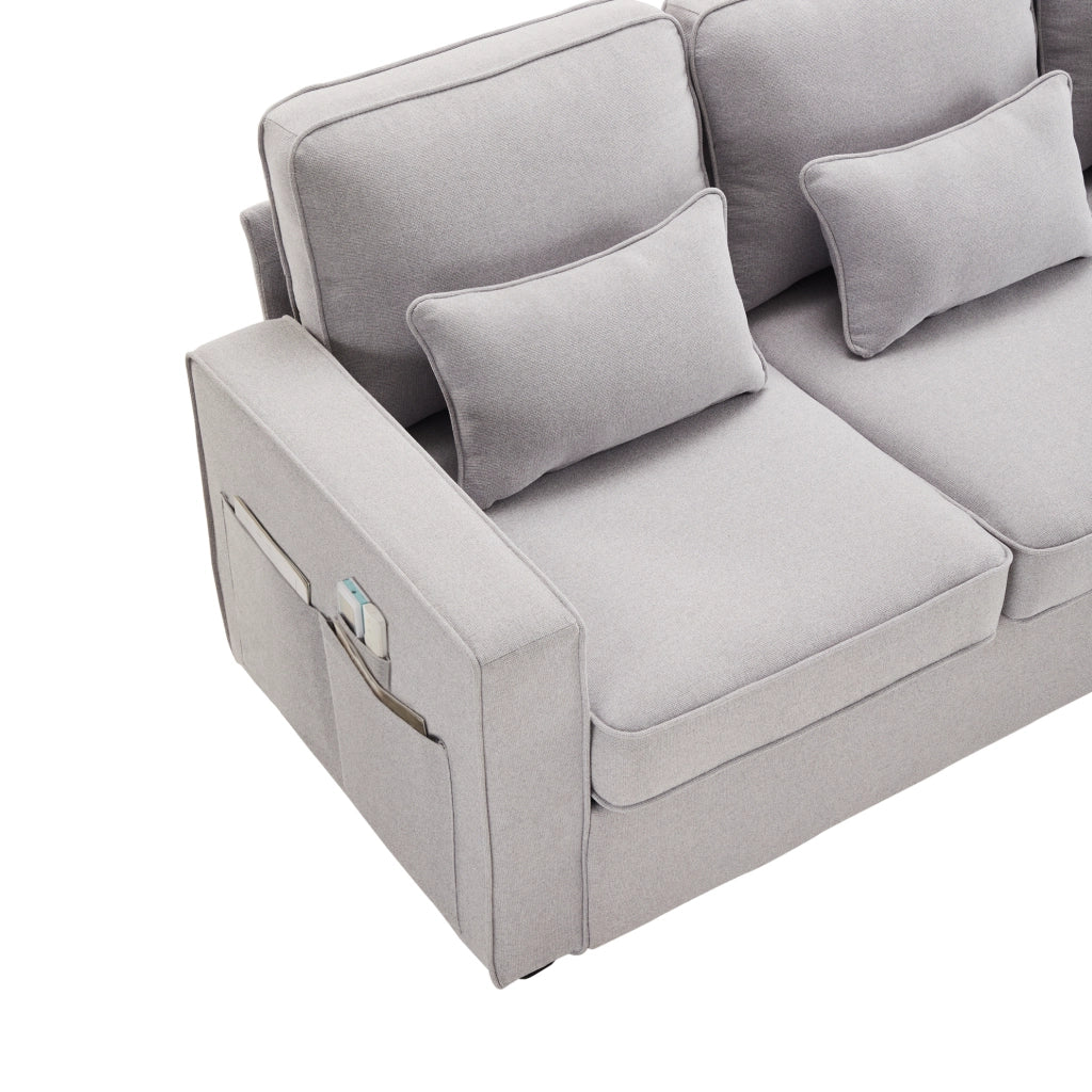 Divano 4 posti 264x83x87 cm con tasche portaoggetti e 4 cuscini in lino grigio