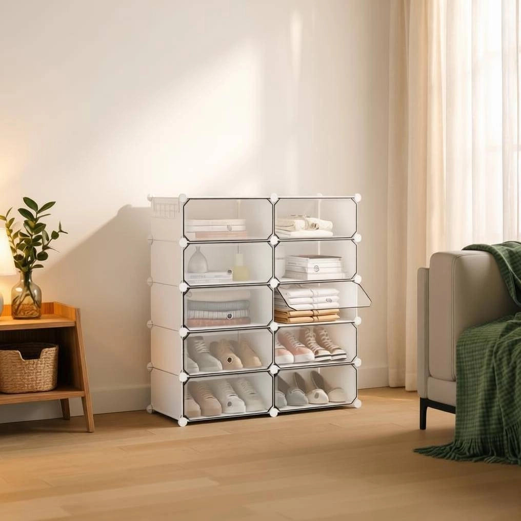 Scarpiera modulare a 10 scomparti 40 x 30 x 170 cm in PP e metallo; bianca