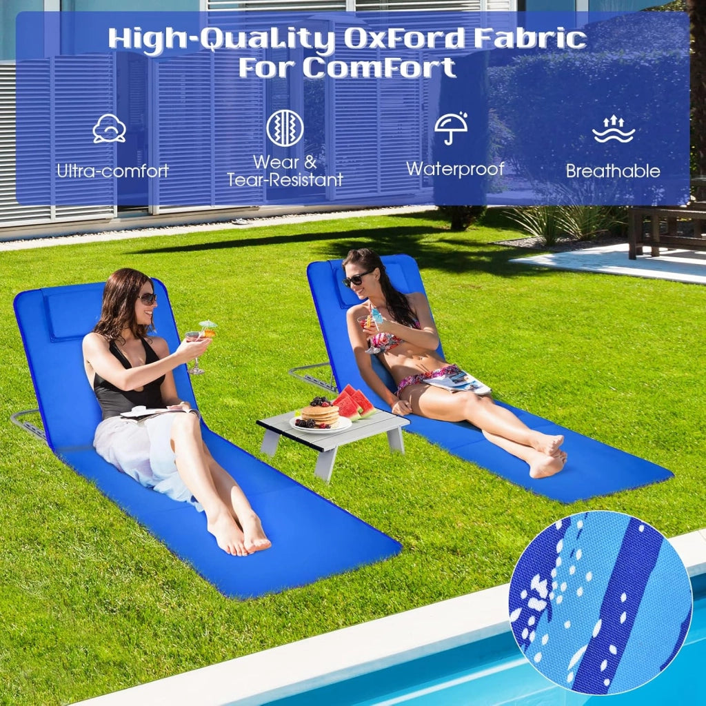 Set di 2 Materassi da Spiaggia Pieghevoli e Tavolino, Sedie a Sdraio da Spiaggia Regolabili in 5 Posizioni con Poggiatesta Rimovibile, Tasca per Giardino, Campeggio (Blu)