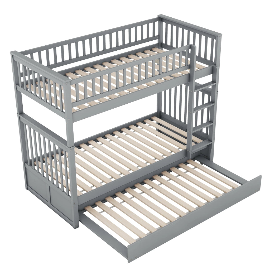 OKWISH Letto a Castello 90×200 cm, Letto 3 Posti con Letto Estraibile, Scala e Sponde Alte, senza Materasso, in Pino, Grigio
