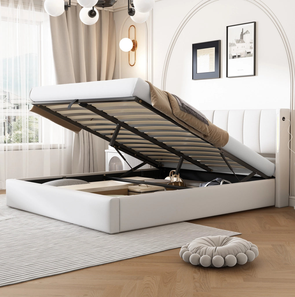 Letto matrimoniale 140x190 cm in PU bianco con LED; USB; testiera regolabile e vano contenitore