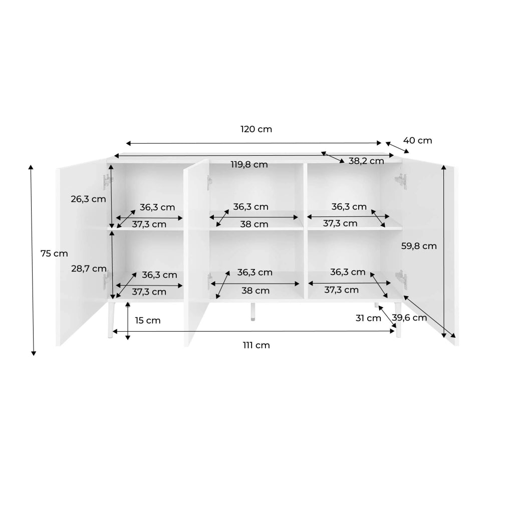 Credenza in metallo e decorazione in legno 3 ante, 120cm, beige
