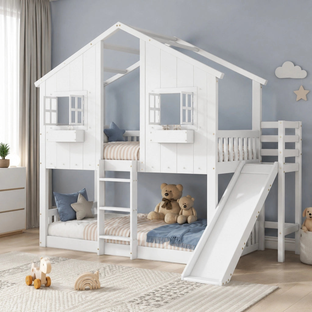 Letto a castello per bambini con scivolo, finestre e scala a 3 gradini