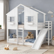 Letto a castello per bambini con scivolo, finestre e scala a 3 gradini