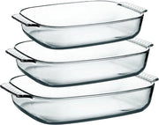 Set di tre teglie in vetro di borosilicato, 3 pezzi, 1,8 l + 2,5 l + 3,1 l, forma rettangolare per lasagna, forma ovale per teglia per forno con maniglie.