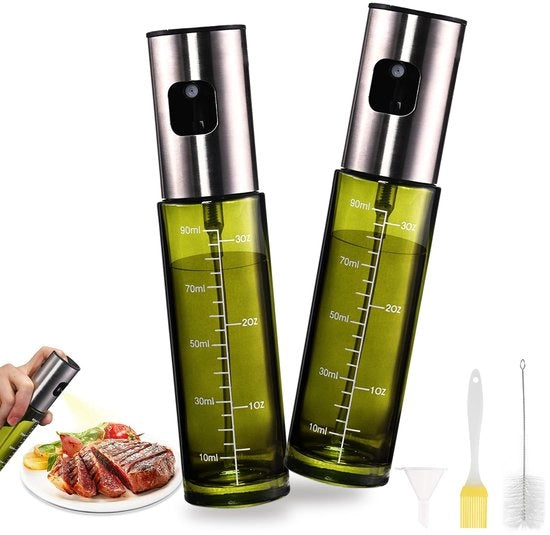 Set di due oliettori per friggitrice ad aria, 100 ml, oliettori per olio da cucina, vetro UV protetto, oliettori con contenitori, pennelli per olio, pennello per pulizia, per cucina, insalata, grigliatura