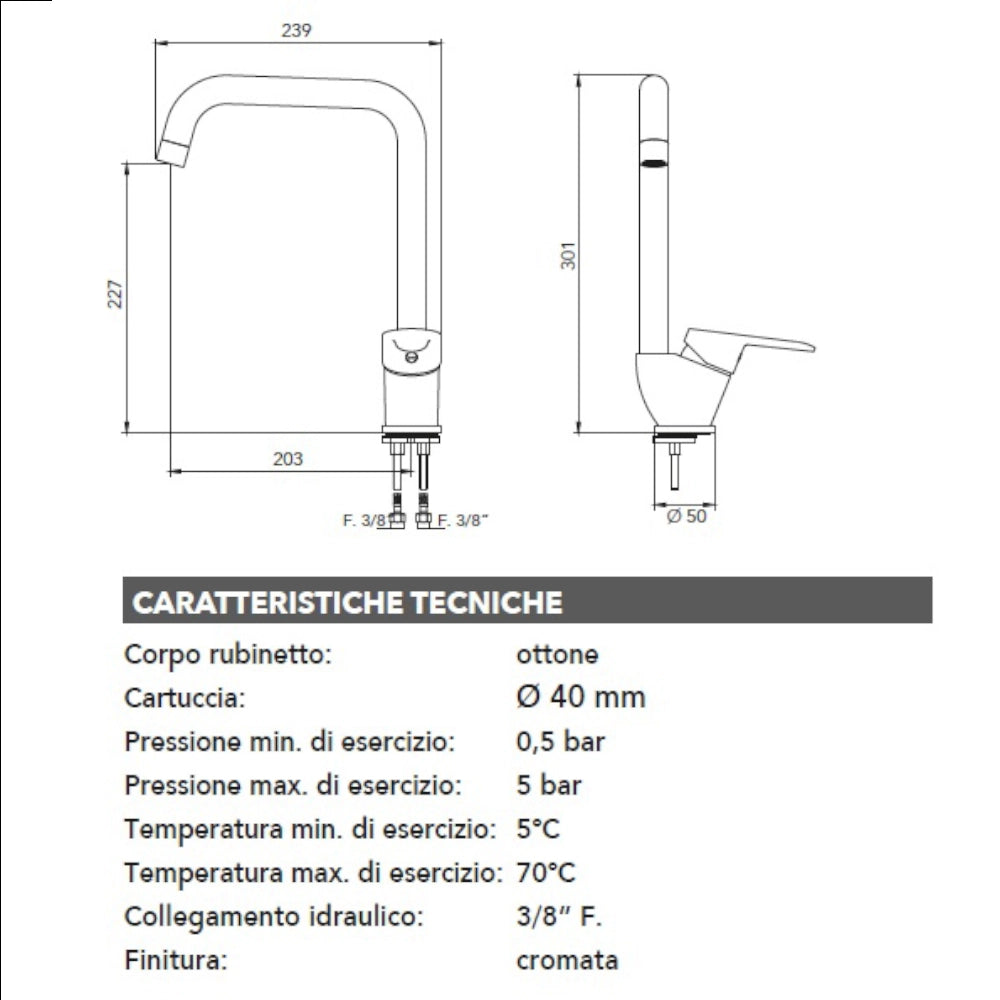 Miscelatore lavello cucina canna squadrata cromato rubinetteria ottone