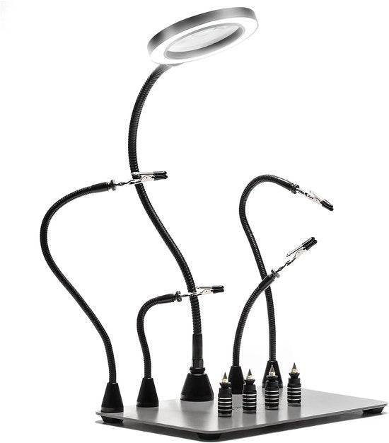 Soldeo professionale con base ampia - 5x luce LED ingrandente - supporto per stampa PCB - mani soldeo magnetiche flessibili