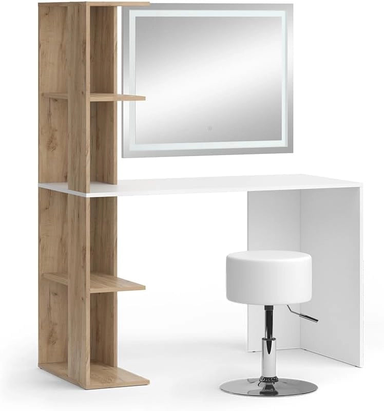 Tavolo da toeletta Tower, Bianco/Sonoma, 122.2 cm con specchio LED e sgabello, Superfici decorative per profumi e oggetti preferiti