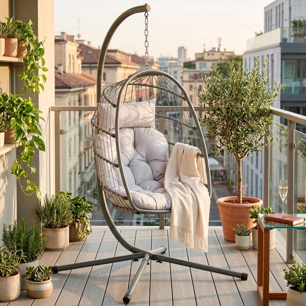 Poltrona Sospesa Da Giardino In Metallo Con Cuscino Imbottito Pieghevole Per Balcone E Terrazzo 105 x 105 x 198 Cm Grigio Chiaro