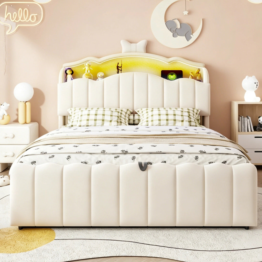 Letto per bambini 140 × 200 cm con contenitore idraulico, luci LED a colori, USB e USB-C, velluto beige, senza materasso