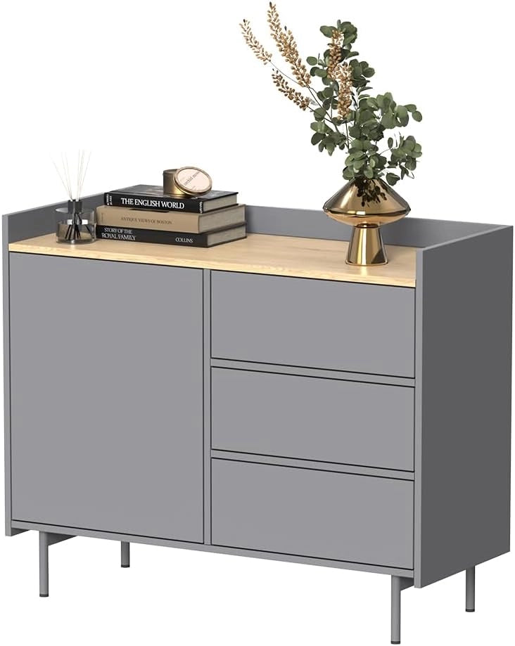 Cassettiera per camera da letto Velina, Grigio, 100 x 82 cm con 3 cassetti e 1 anta, per riporre abiti e oggetti di uso quotidiano