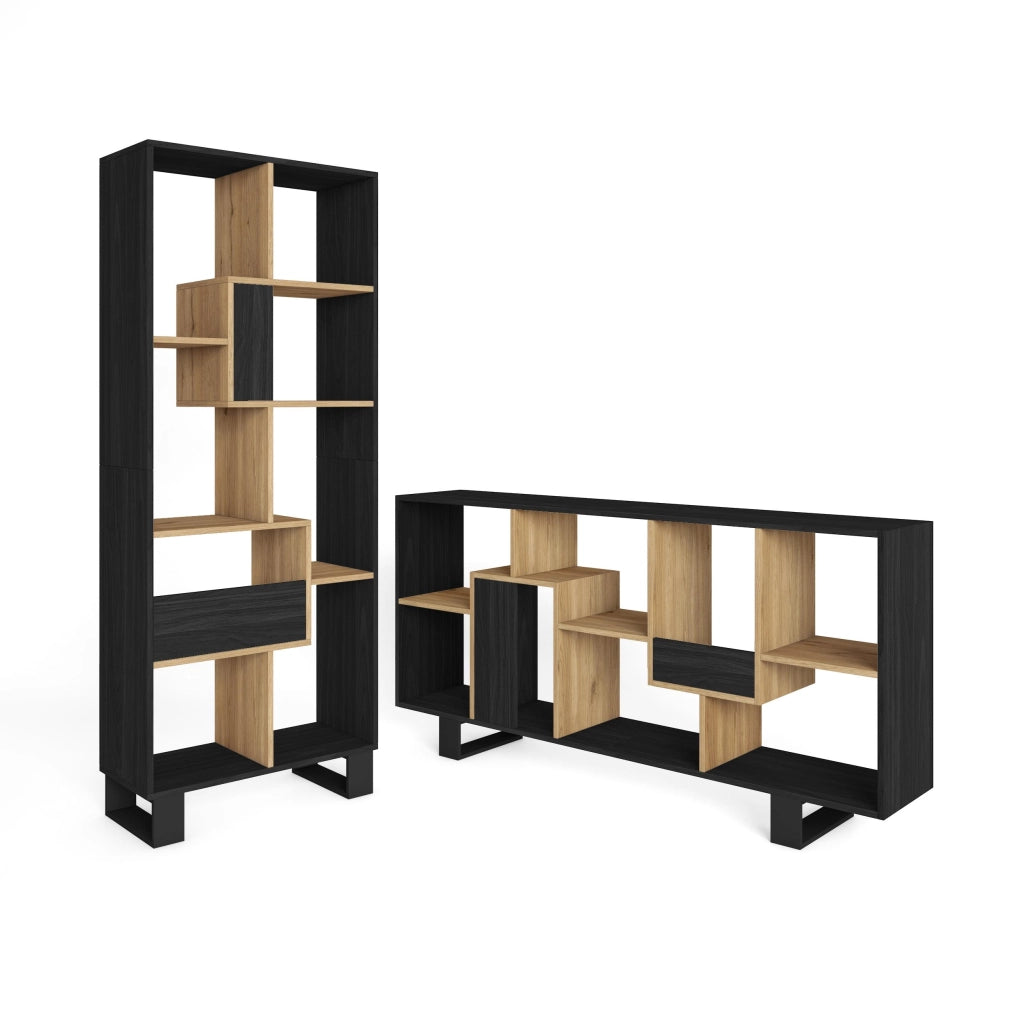 Libreria scaffale, 174x67x31, Design industriale, Nero e rovere RF4120