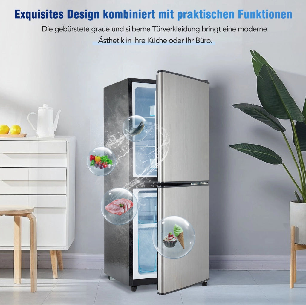 Frigorifero doppia porta 106 L con congelatore 46 L; nero e argento; acciaio inox
