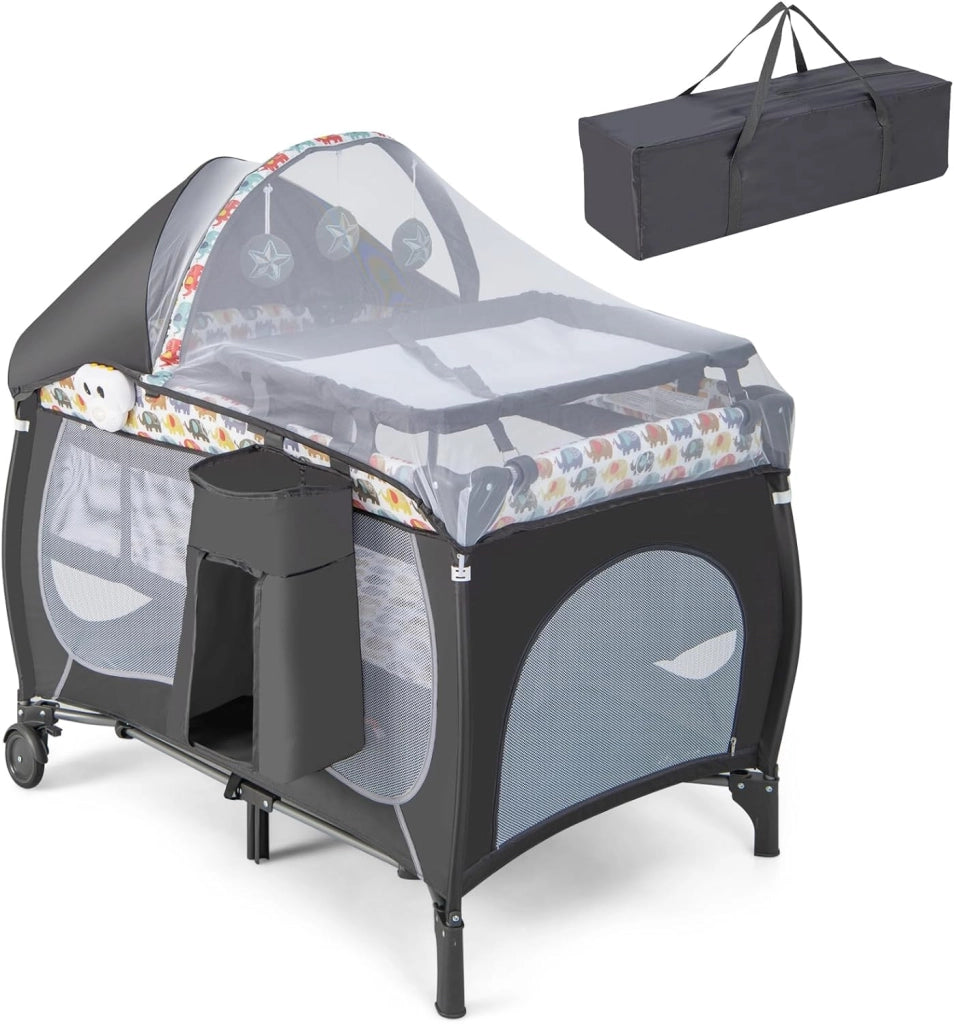 5 in 1 Lettino da Campeggio con Materasso, Lettino Neonato da Viaggio Pieghevole, Box Bambini Portatile con Borsa, Zanzariera, per Bambini 0-36 Mesi (Stella Grigia)