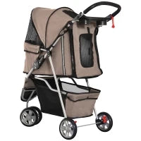 Passeggino per Cani Piccoli Pieghevole, Carrozzina per Cani con Ruote con Freni, Portabicchieri, Cestino Portaoggetti e Imbottitura Rimovibile e Lavabile, per Animali Domestici 10 kg, Caffè