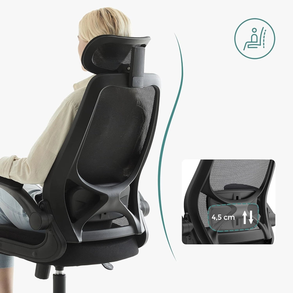 SONGMICS Poltrona da ufficio, sedia ergonomica, seduta girevole, braccioli e poggiatesta regolabili, in tessuto traspirante, altezza regolabile, nero OBN087B01