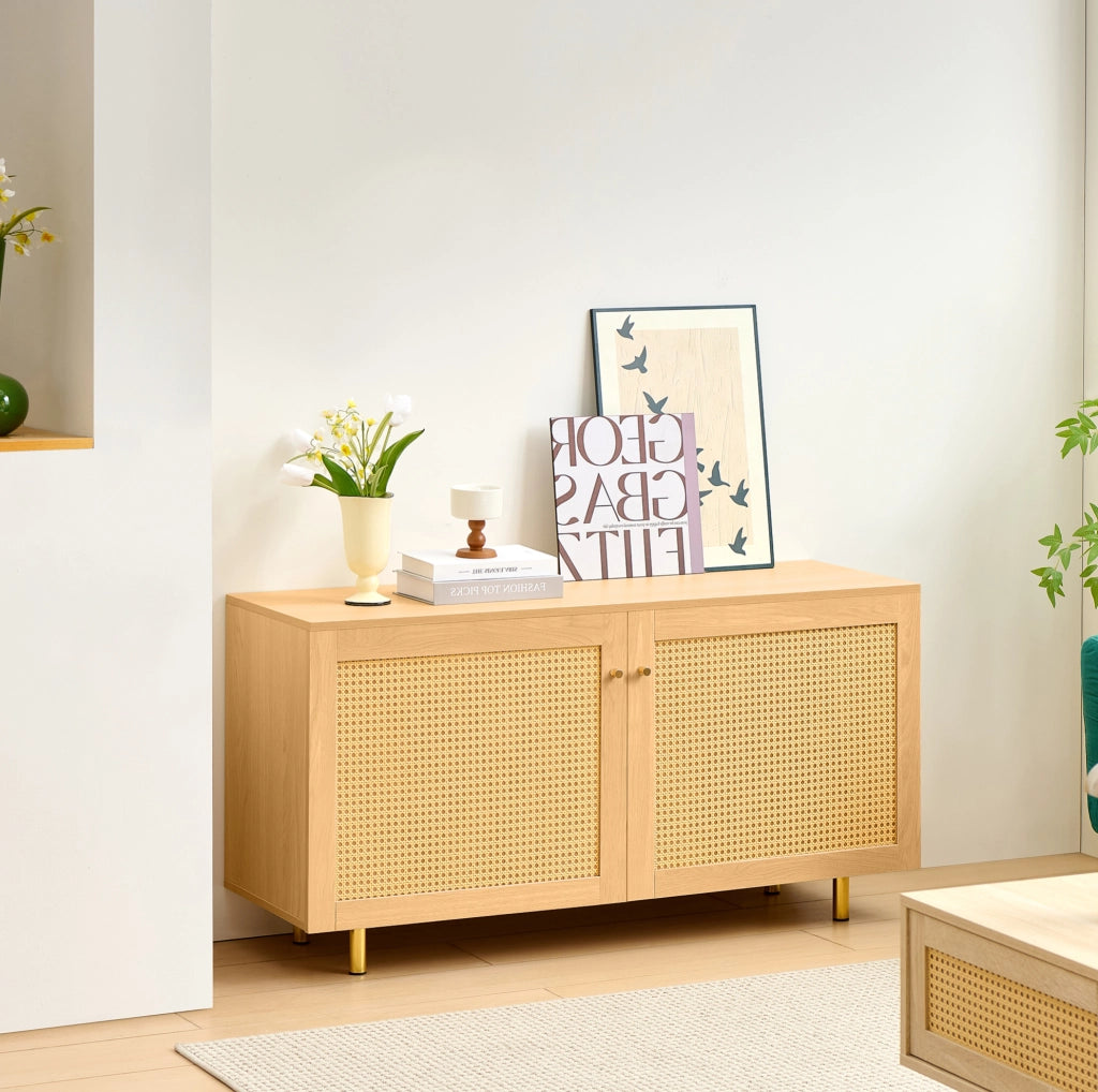 Credenza a 2 ante con rattan intrecciato in MDF; naturale