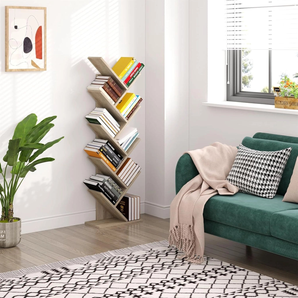 Libreria ad Albero Moderna Scaffale Salvaspazio a 9 Ripiani in Legno Porta Libri per Soggiorno Camera Studio Legno Chiaro, 40x20x127cm