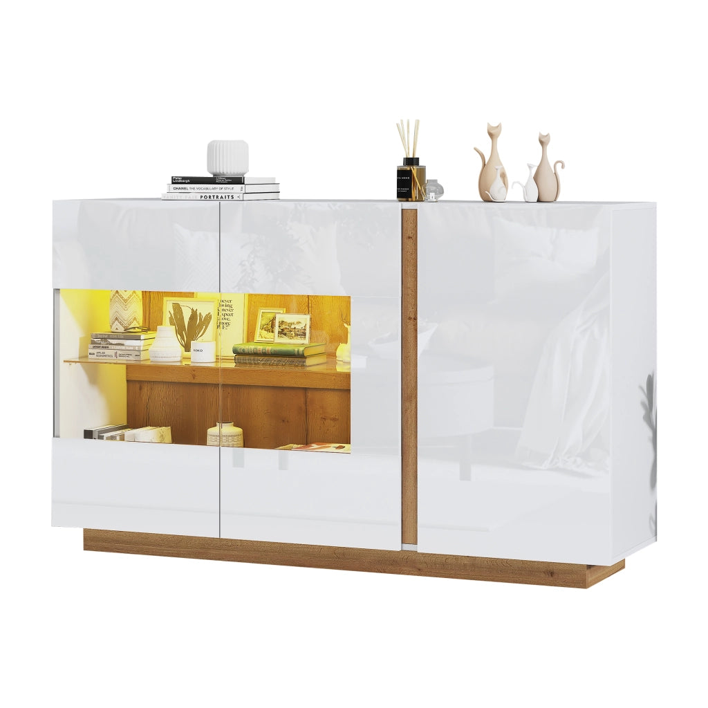 Credenza con 3 ante; illuminazione LED e inserti in vetro - 138x38.5x90.5 cm - bianco