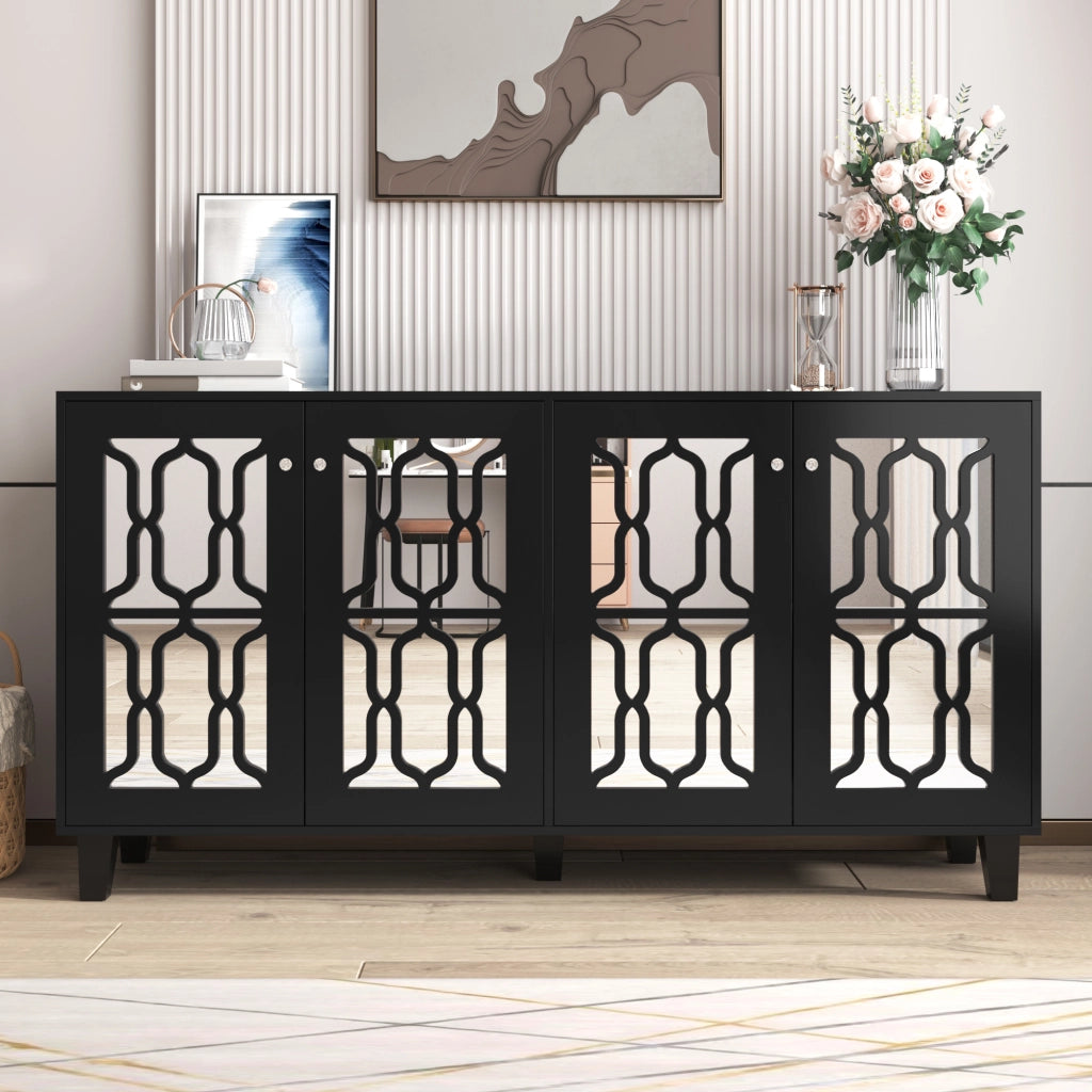 Madia nera a 4 ante con ripiani interni mobili e maniglie in vetro; 160 x 40 x 84 cm