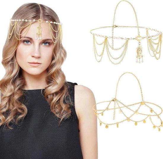 Due pezzi di collana boho con pennello, perle e pailletti in oro per donne e ragazze